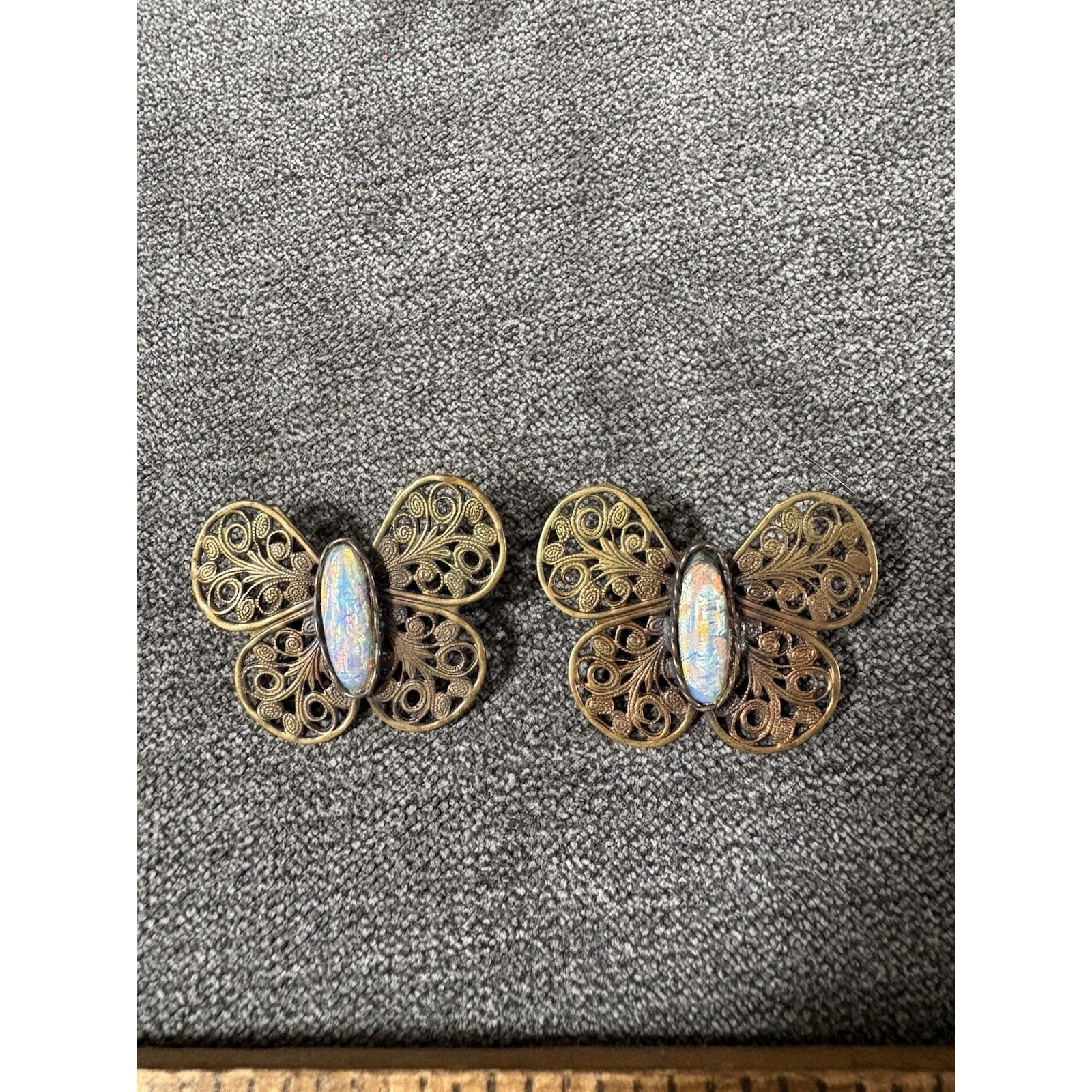 Antique Edwardian Butterfly Dragon's Breath Glass Bronze Pin Set